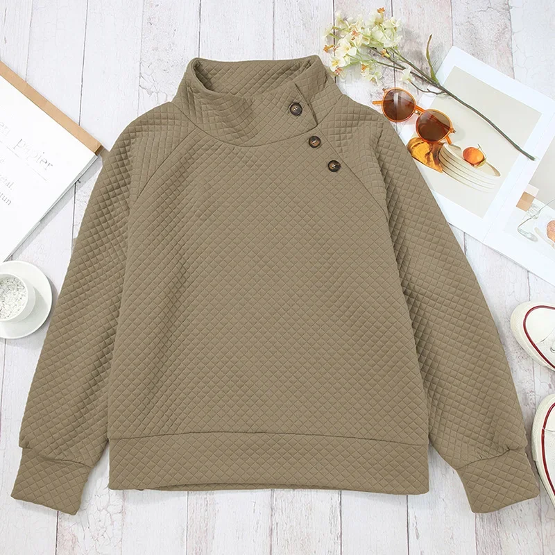 2024 neue Damen Diamond Check Pullover mit diagonalen Knopf Sweatshirts Frühling Herbst einfarbig Langarm Pullover nasy0007