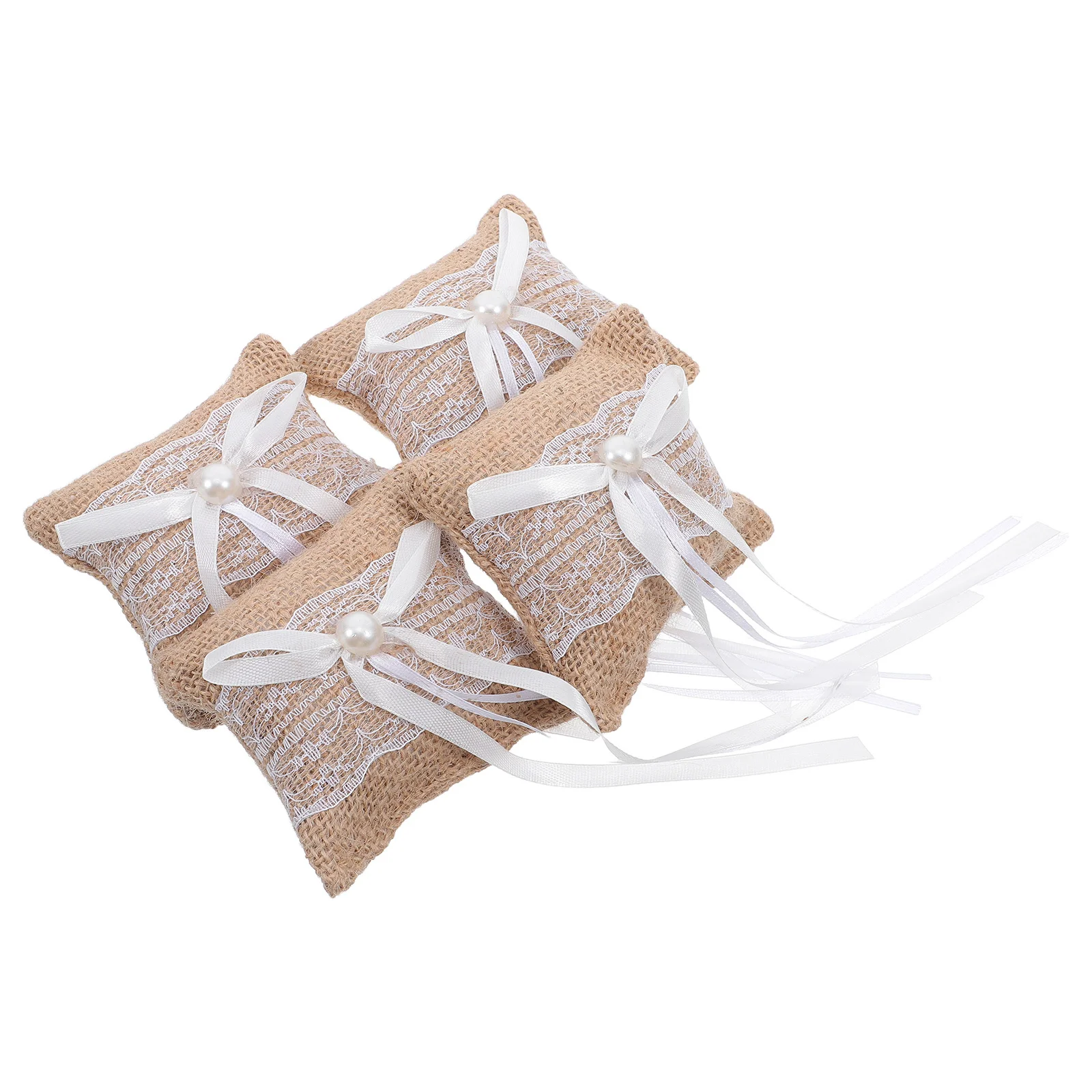 

4Pcs Vintage Burlap Lace Ring Bearer Pillow Wedding Engagement Ceremony Cushion Decorative Wedding Rings Pillow Box