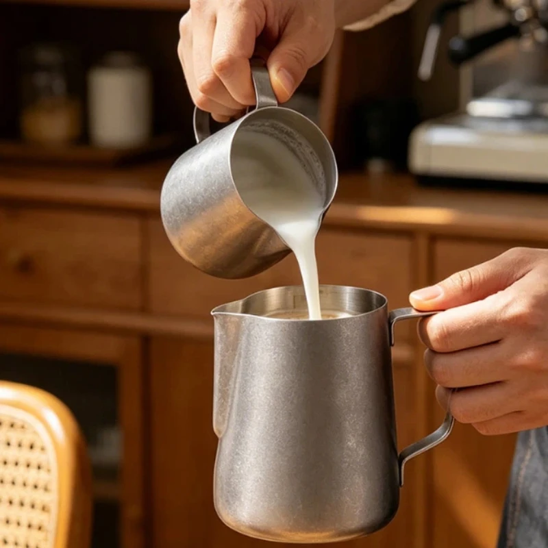 Coffee Cups 304 Stainless Steel Vintage Milk Frothing Pitcher Pointed Spout Latte Art Cup With Scale For Home Coffee Making Use