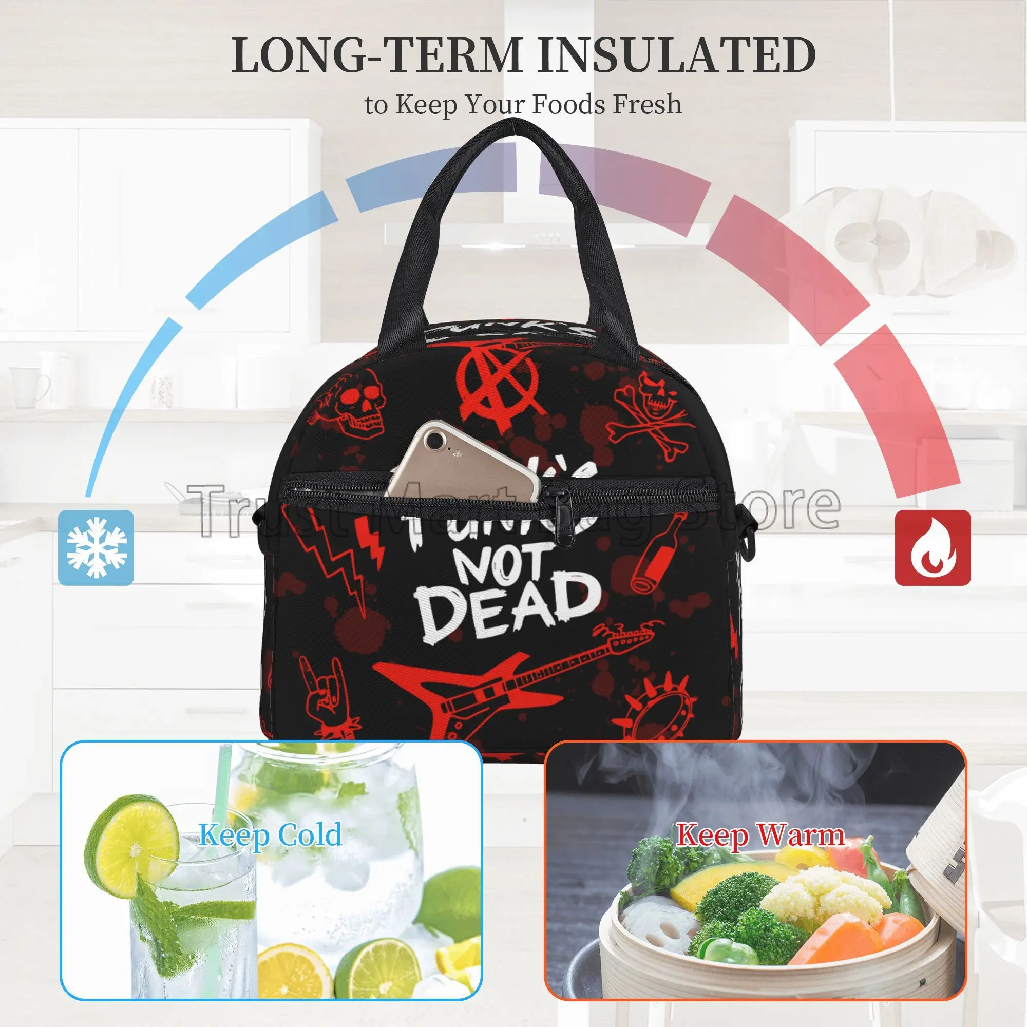 Punk Rock Set Skull Insulated Lunch Bag Punks Not Dead Words Red Black Reusable Waterproof Thermal Lunch Box with Shoulder Strap