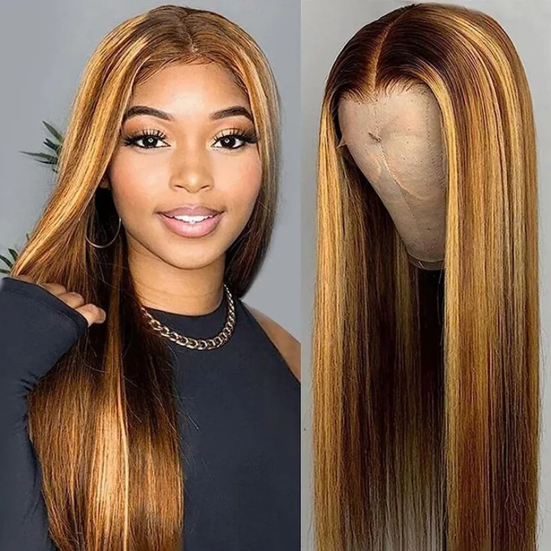 Sophia-Perruque Lace Front Wig naturelle lisse ombrée, blond miel, 13x4, pre-plucked, à reflets, pour femmes, 4/27