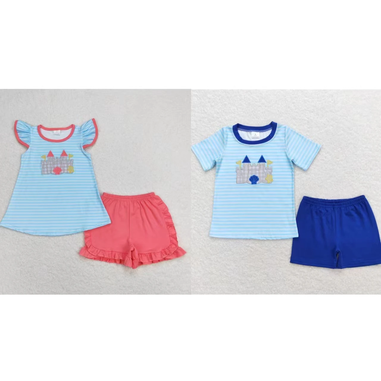 Wholesale Children Embroidery Summer Set Kids Sand Castle Stripes Shirt Tops Cotton Shorts Baby Boy Girl Two Pieces Outfit