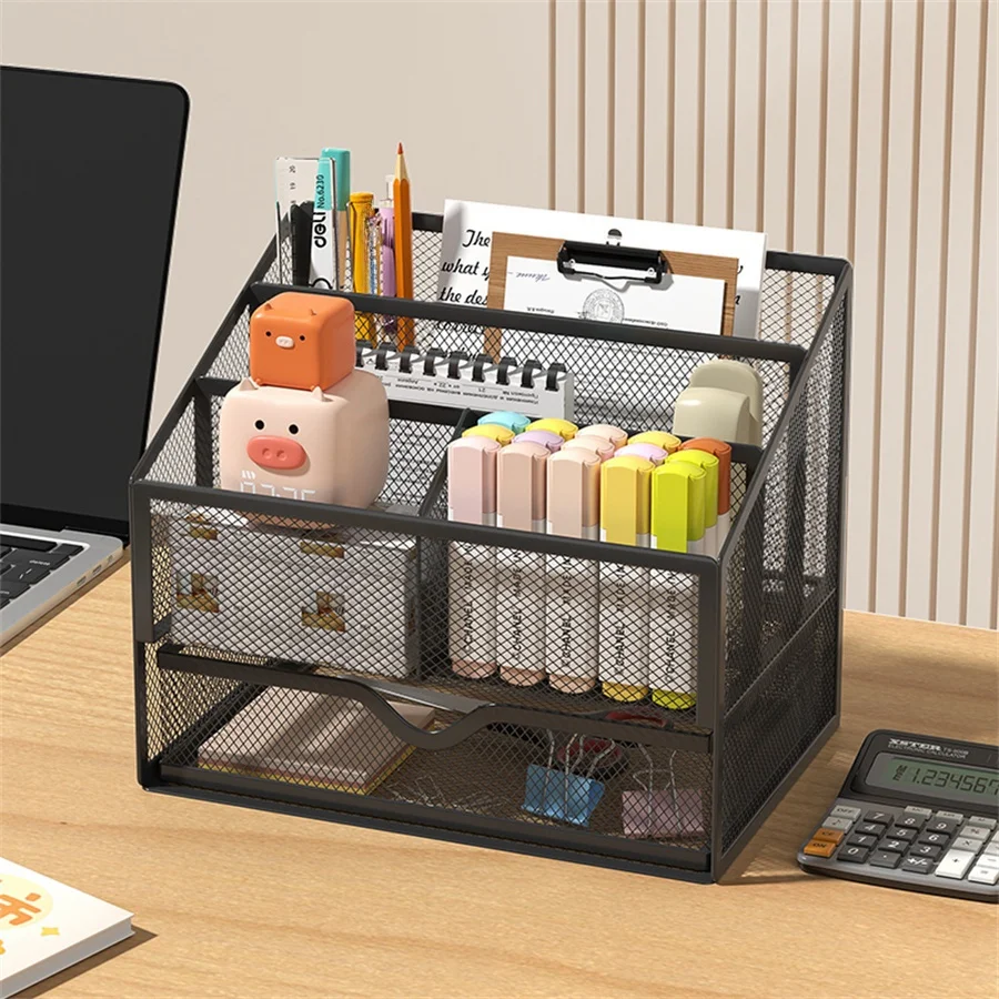 Metal Desk Organizer with 4 Compartments Stationery Organizer with Drawer Office Desk Acccesories Large Capacity Desktop Shelf