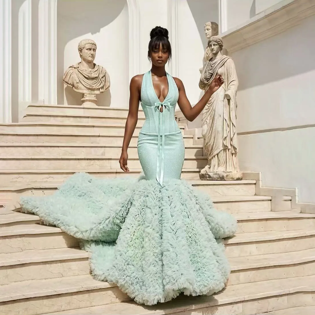 

African Evening Dresses Long Train Mermaid Elegance Women Formal Dress Sequin Bow Wedding Reception Dresses Mint Layered