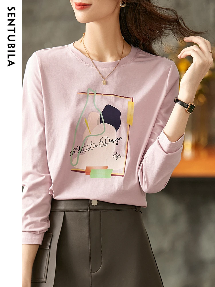 SENTUBILA 100% Cotton Long Sleeve Pink T-Shirts for Women 2024 Spring Autumn Fashion Print Round Neck Straight Loose Tee Shirts