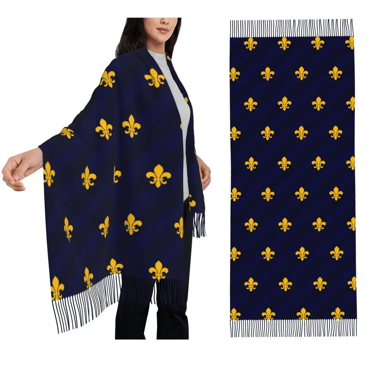 Fleur De Lys Gold Blue Scarf Tassel Scarves Women Soft Warm Shawls and Wraps Long Fall Winter Shawl Wrap