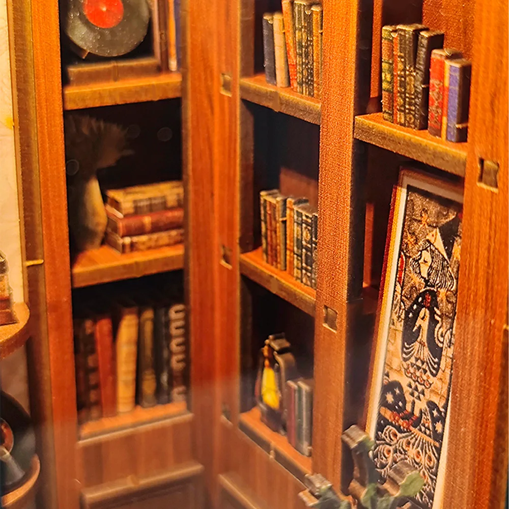 Ouzey 3d livro de madeira nook kit diy-inserto de estante de casa de bonecas em miniatura, cena de livraria retrô, presente criativo de decoração de casa