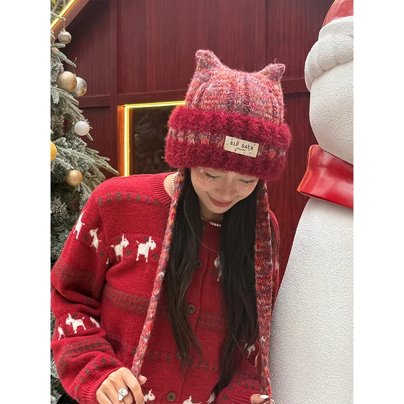 

ELFSACK Cute Sweet Cat Ear Pom Pom Plush Warm Knit Beanie For Women