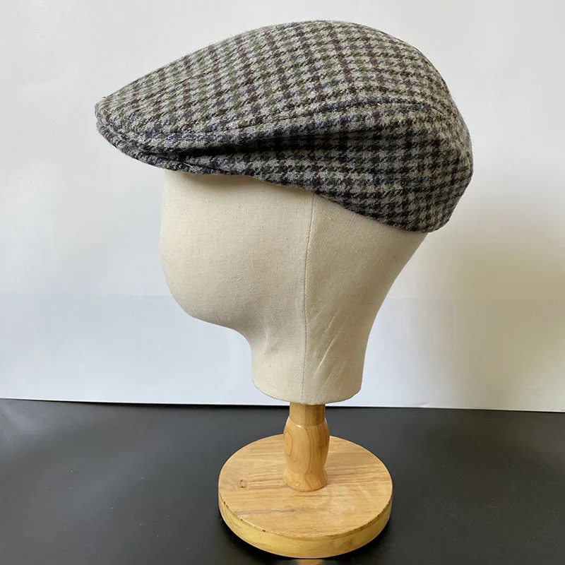 Gray Plaid Newsboy Hat Wool Womens Mens Ivy Cap Cabbie Driver Hat Autumn Winter Flat Hats Vintage Gatsby Beret 49