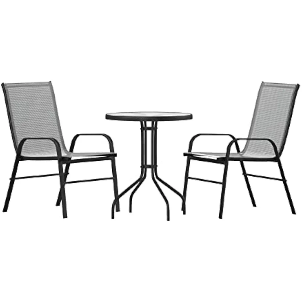 Brazos 3 Piece Outdoor Patio Dining Set - 2 Gray Flex Comfort Stack Chairs - 23.75 Round Tempered Glass Patio Table