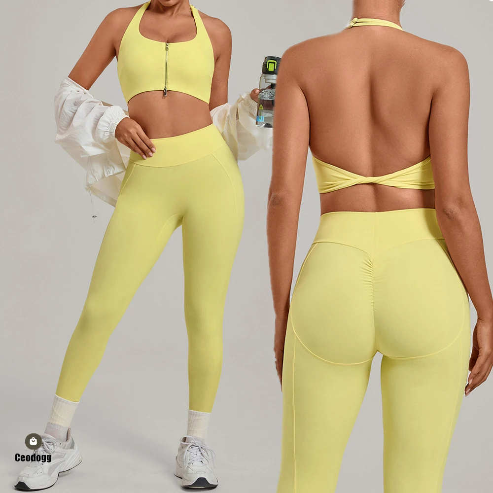 Pad 2PCS Women Double Zip Halter Yoga Set Power Sports Bra Squat Proof Scrunch WorKout Legging Gym Fitness Pant Activewear XP54