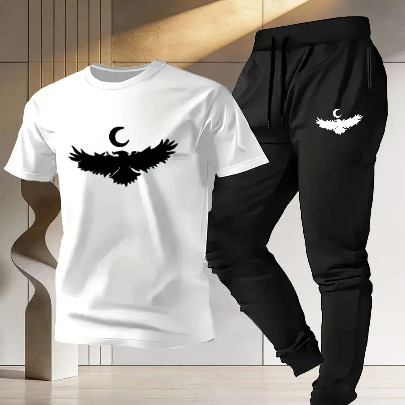

Dark-themed moon and crow print sports outfit for men - summer pure cotton short-sleeved t-shirt + slim-fit casual pants fitness