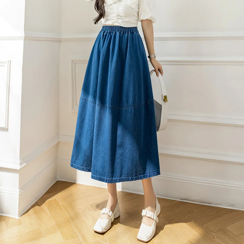 Korean Style Kawaii Loose Midi Denim Skirts for Women Spring Summer Autumn Hot Sale Ladies Cute Long Jean Skirt Cheap Wholesale