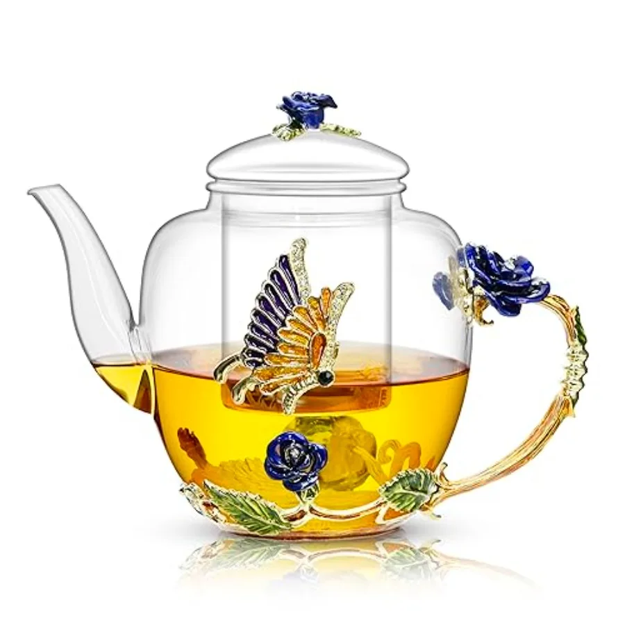 

46oz/1300ml Enamel Glass Teapot With Rose Flower Butterfly And Gold Edge, Teapot With Infuser And Lid For Mom, Women, Mother, B