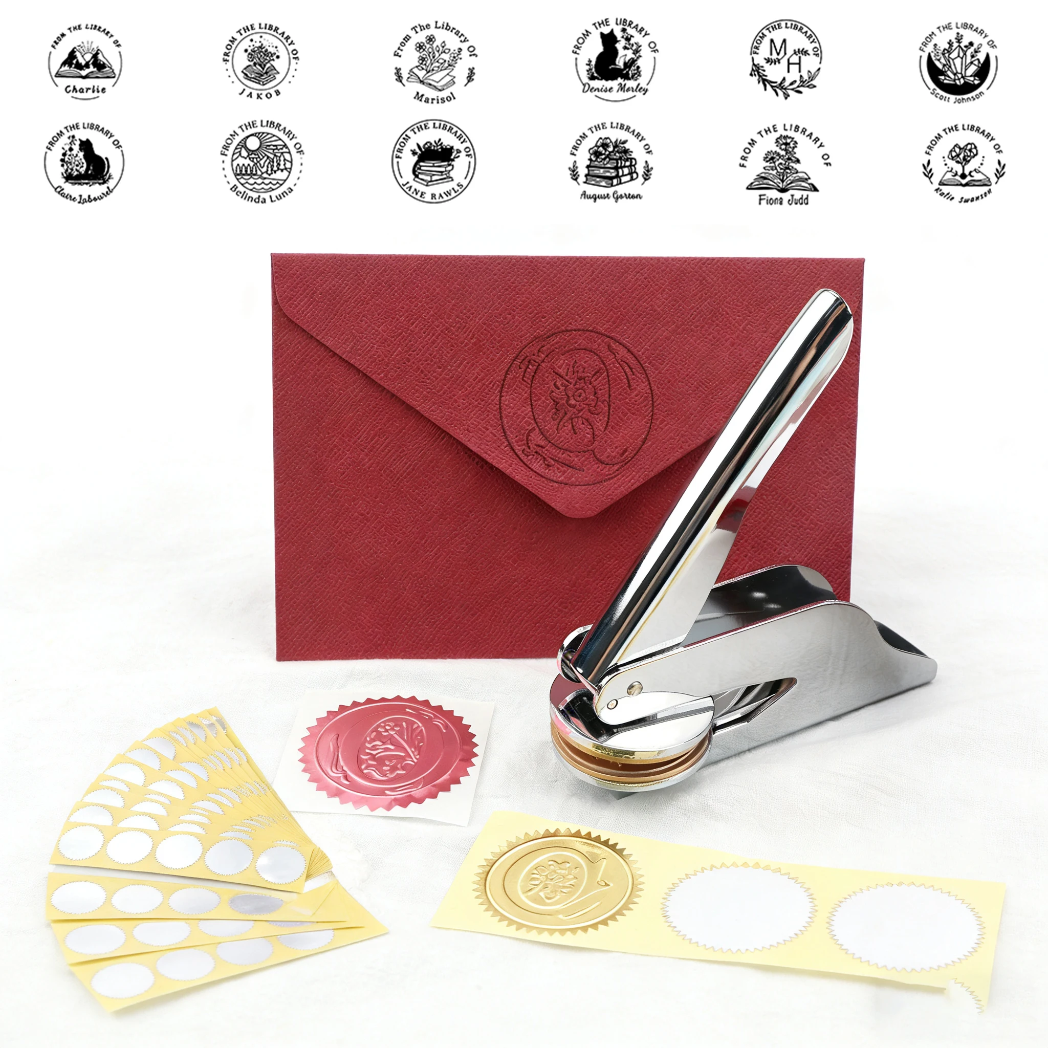

Personalized Embosser with 100pcs Stickers Custom Text Embossing Stamp LOGO Design for DIY Book Wedding Envelope Gift Card Decor