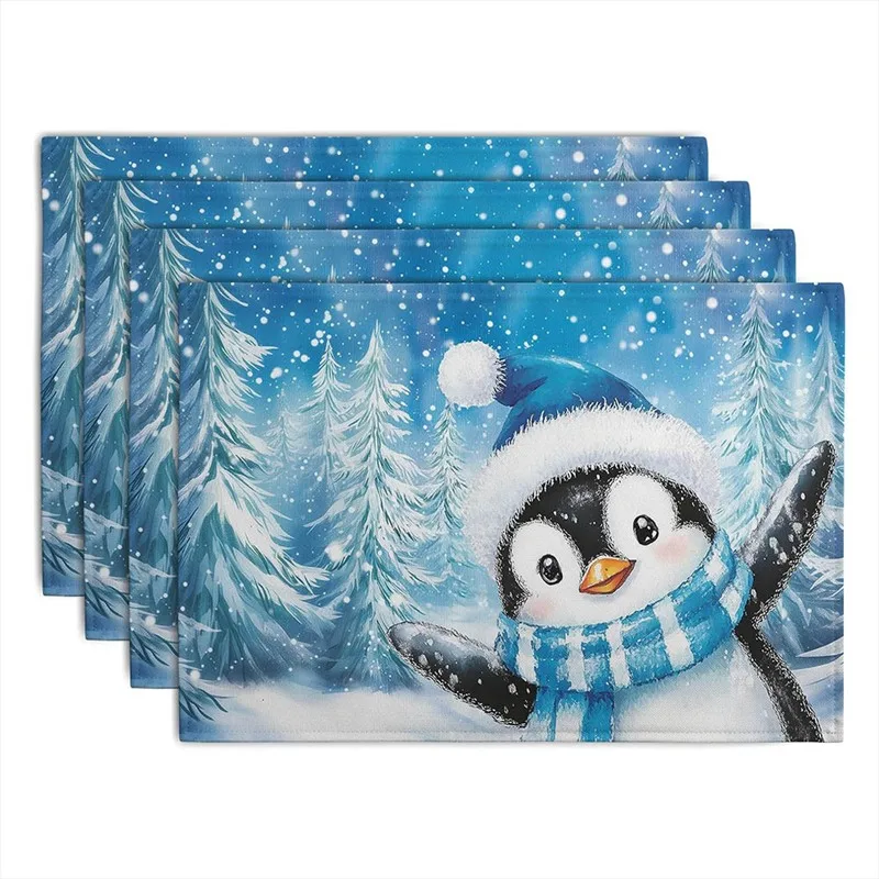 VIKAMA Linen Placemats Penguin Snowman Snowflakes, Blue White, Stain Resistant Easy to Clean, Dining Table Holiday Decor