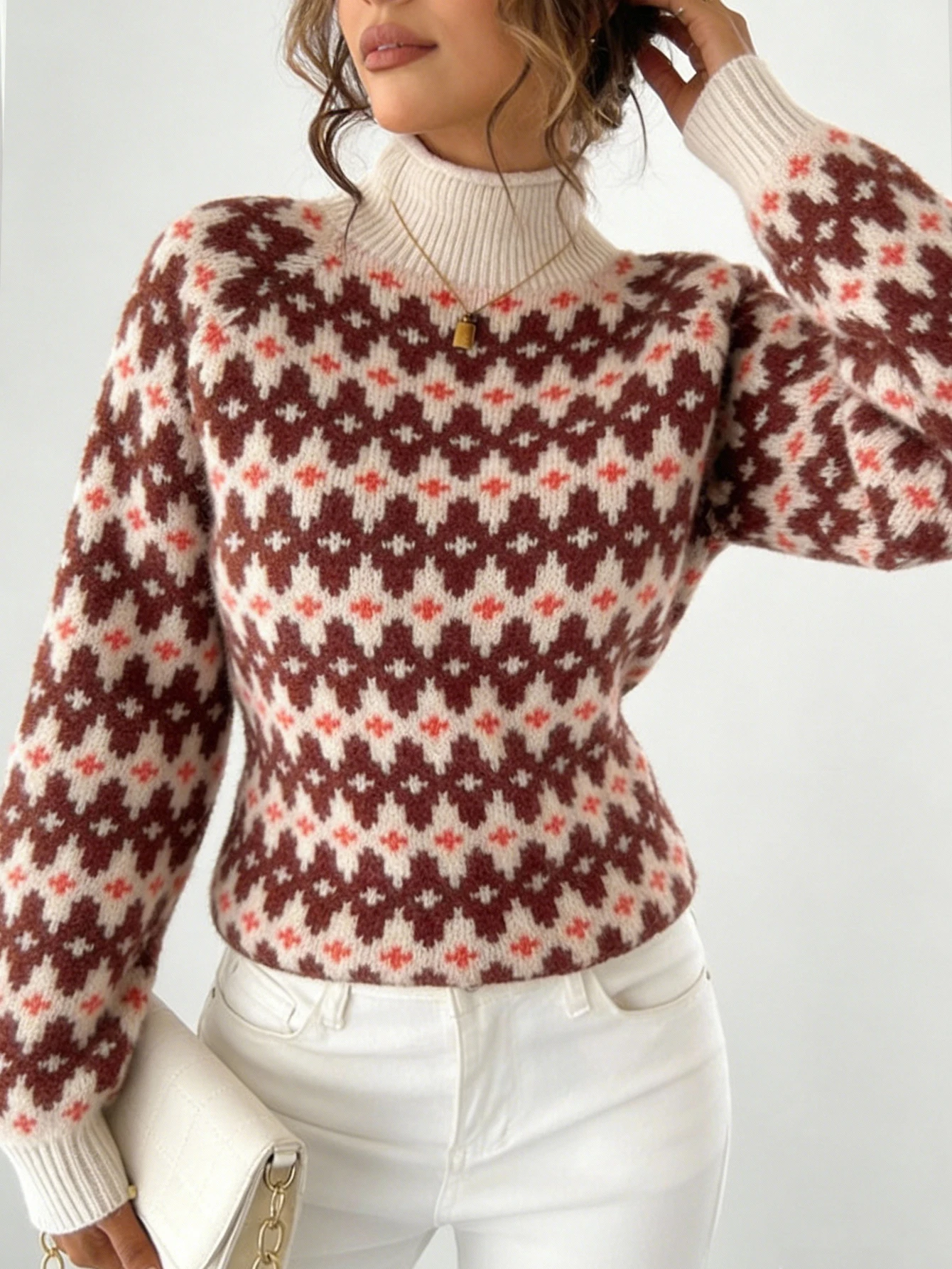 New Autumn and Winter Niche Knit Pullover Sweater for Women, Designed in a Lazy Style, Burgundy Geometric Pattern Fitted Half-Turtleneck Pullover, Casual and Elegant Autumn/Winter Top, Basic Versatile Style for Urban Commuting, Stylish and Fashionable Casual Resort Wear, Designer Pattern Niche Knit Cardigan, Valentine's Day Holiday Clothing, Instagram-Style Clothing, Popular among Korean Shoppers, Date Gift, Women's Clothing