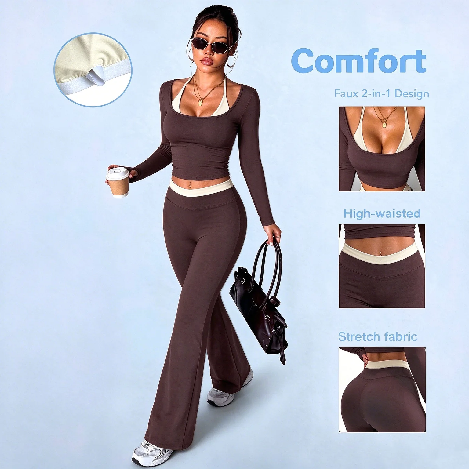 Yoga Suit Nude Contrasting Color Hanging Neck Long Sleeved High Waisted Outdoor Sports Split Set Gym Outfits Butt Lift Yoga Wear