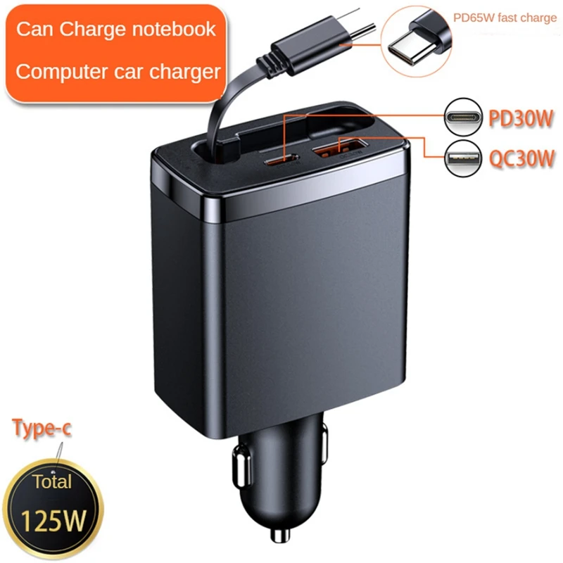 Carregador de carro retrátil para iPhone, Huawei, Samsung, cabo de carregamento rápido, adaptador de isqueiro, 120W, 4 em 1