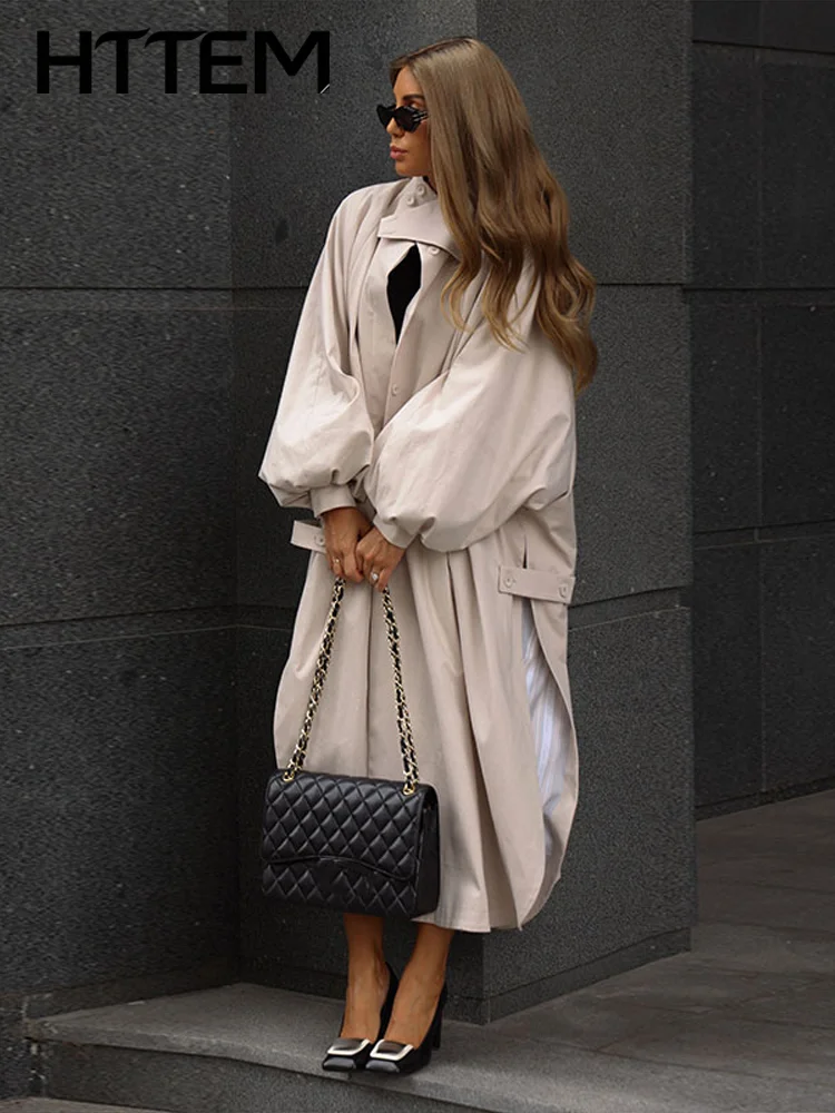 Loose Lantern Sleeve Women's Windbreaker Apricot Single-Breasted Side Split Lady Long Coats 2026 Autumn Chic Female Outerwear