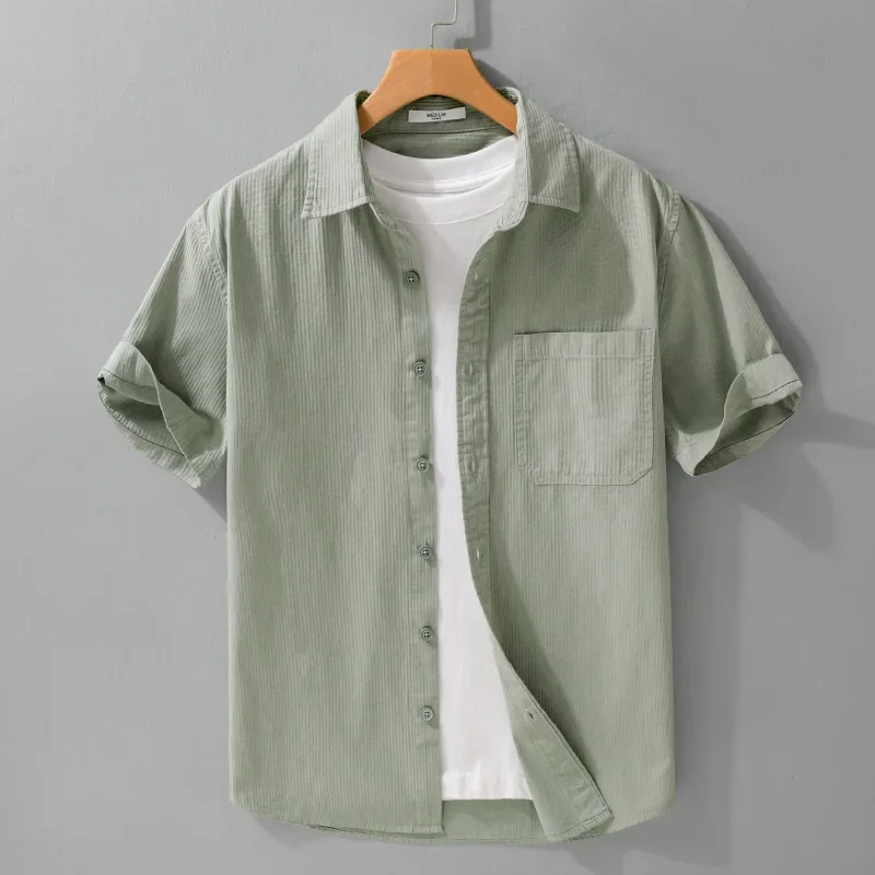 

2026 Summer New Simple Pure Cotton Short Sleeve Shirts for Men Clothing Solid Color Slim Turn-down Collar Summer Shirt