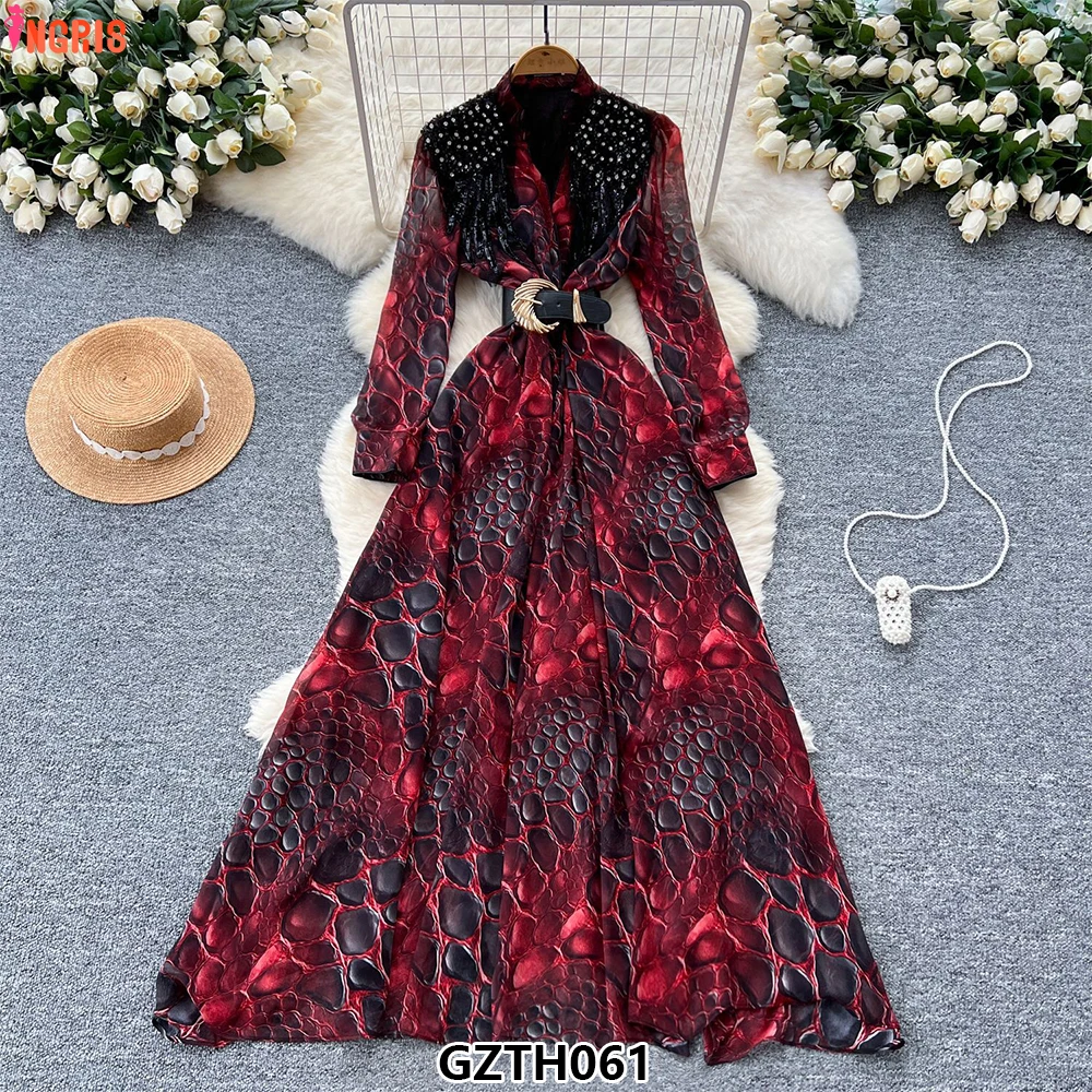 

Spring Roman V-Neck Tunic Casual Midi Dress For Women Empire Leopard Printed Beaded Embroidery Sequined Lace Dress-GZTH061