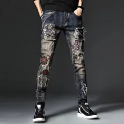 Men's Clothing Trendy Brand Embroidered Jeans Trendy Slim-fit Small Foot Ripped Beggar Autumn and Winter Elastic Pants