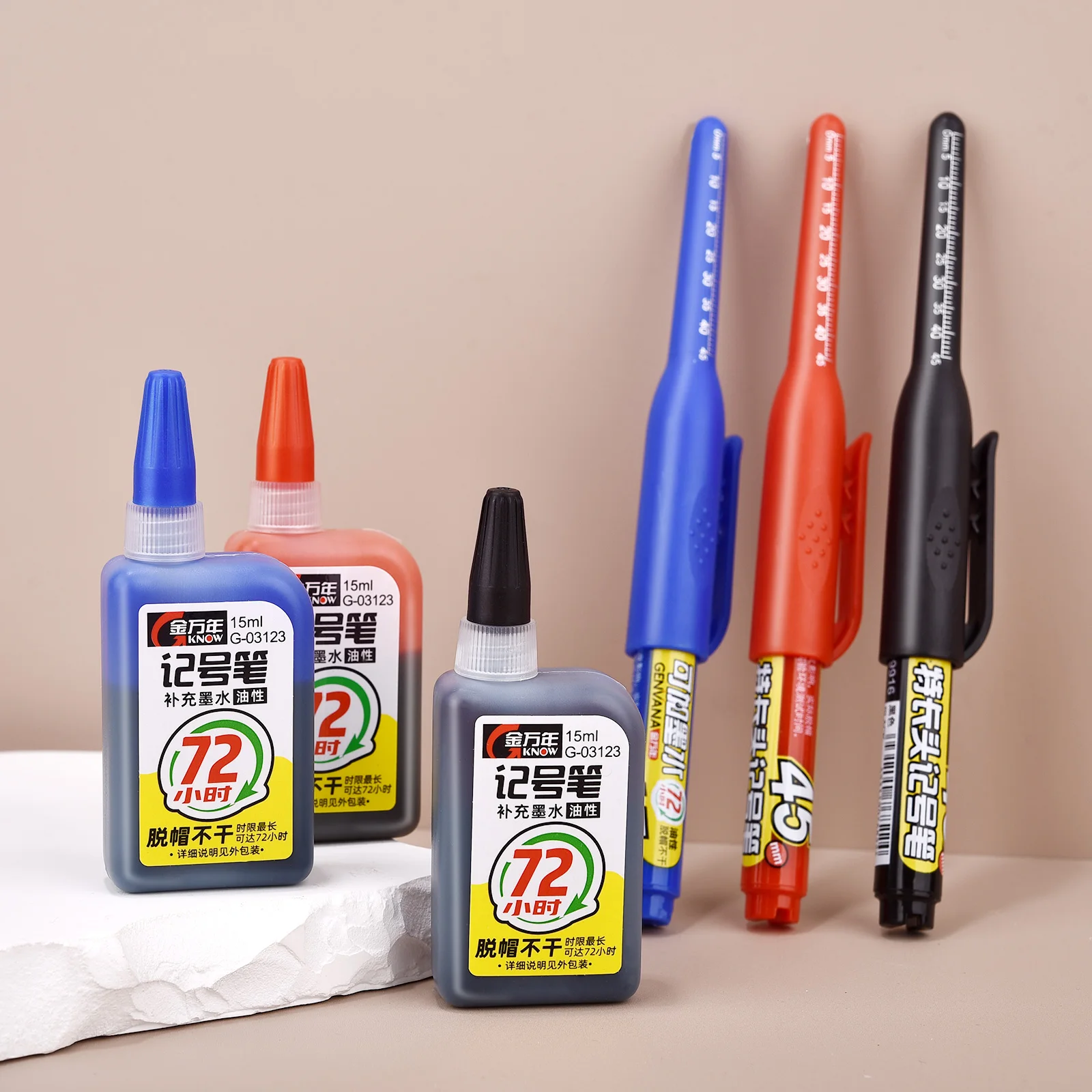 

45mm Waterproof Deep Hole Marker Pens Long Nib Head Carpenter Pen Black/Blue/Red Ink for Multi-Purpose Woodworking Hand Tools