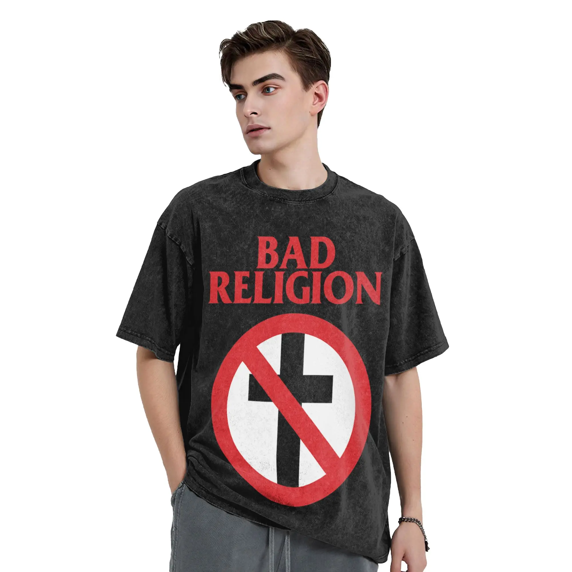 Bad Religion Crossbuster Logo Washed T Shirt Men Vintage Cotton T Shirts Summer Crew Neck Tee Shirt Custom DIY Oversize Clothing