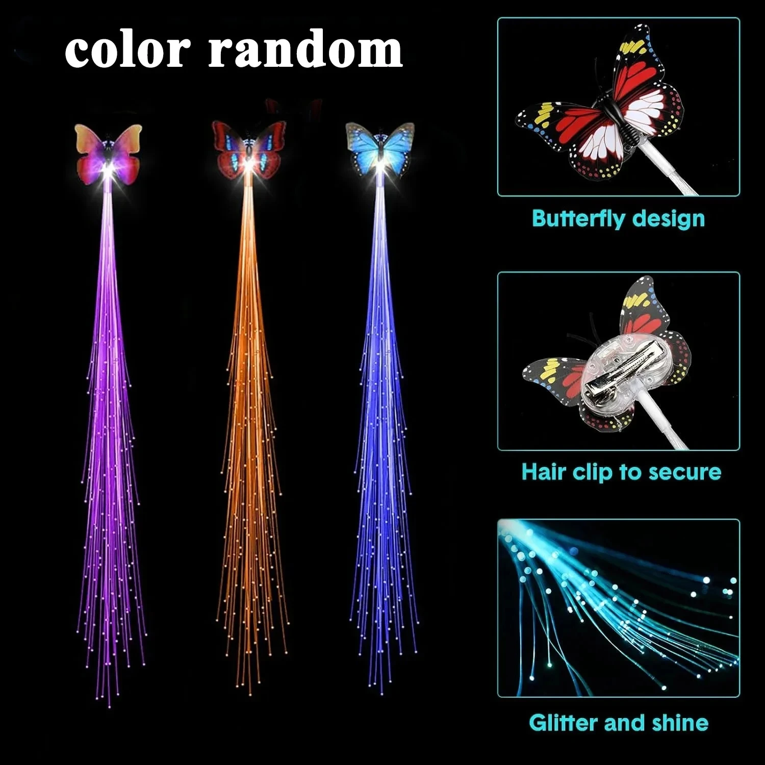 LED Party Light Up Fiber Optic Butterfly Jellyfish Hair Barrettes Clip Hairpin Silk Flash Braids Birthday Gift Wedding Carnival