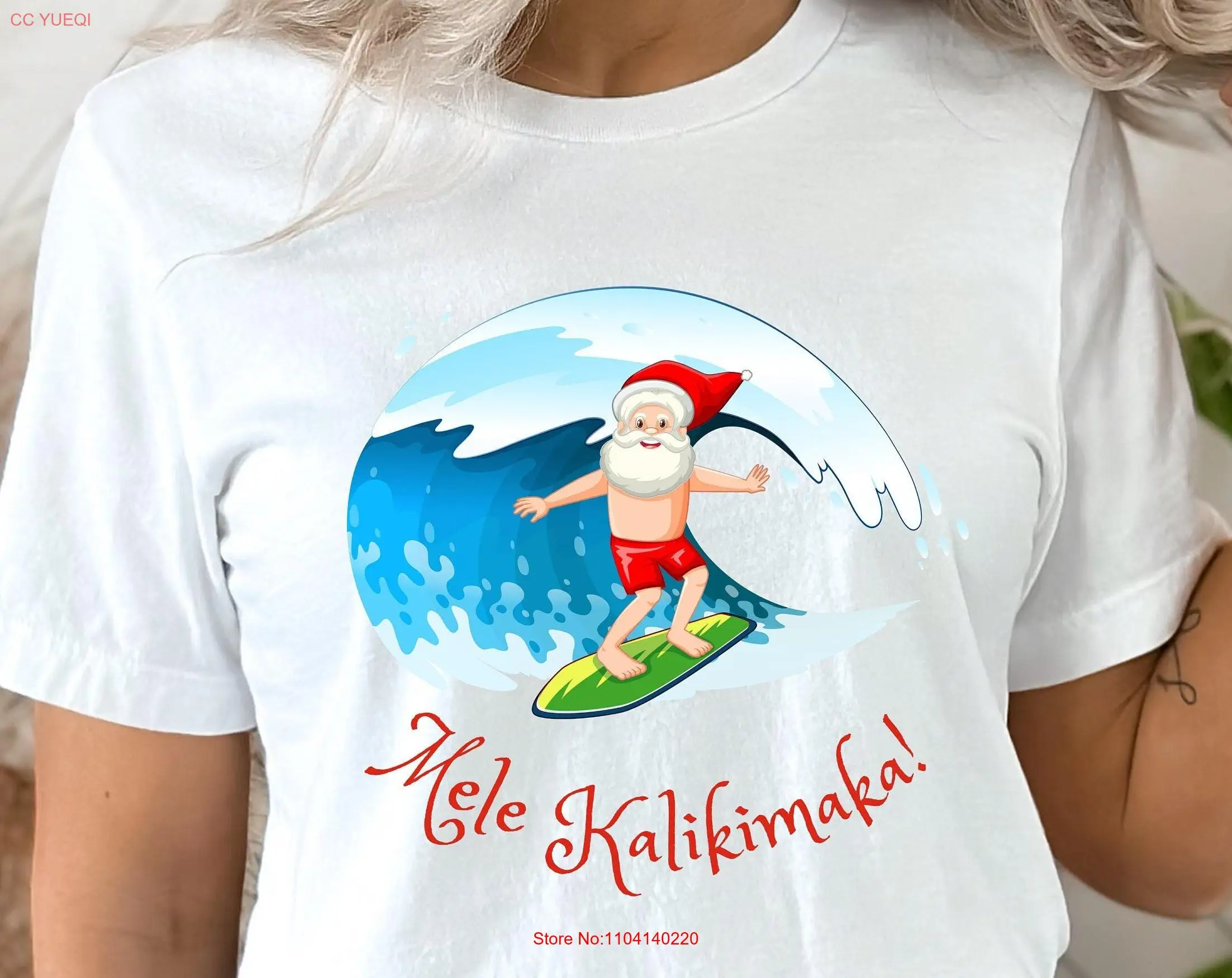 

Hawaii Christmas T Shirt Surfing Santa on Surfboard Mele Kalikimaka long or short sleeves