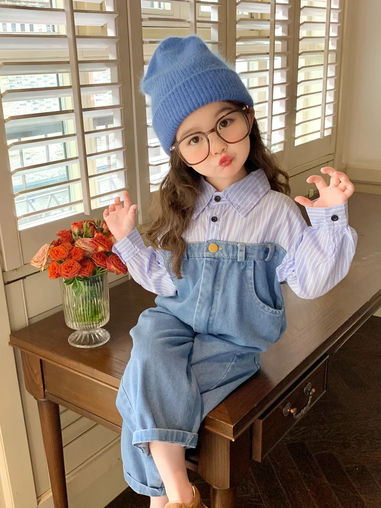 Boys Girls Denim Jumpsuit Spring Autumn Long Sleeve Striped Shirt Patchwork Jean Romper Children Loose Casual Overalls