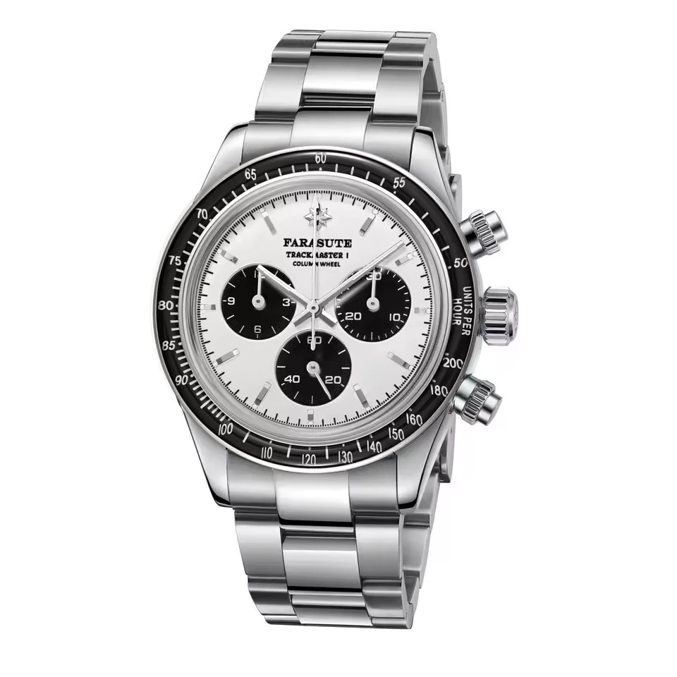 FARASUTE Men Automatic Watch 39mm Panda Chronograph Mechanical Wristwatch Sapphire Mirror Sapphire Bezel Dandong 4130