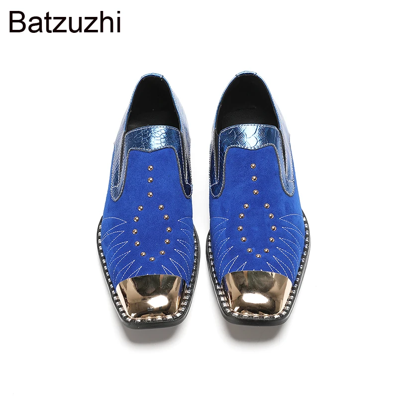 Batzuzhi حذاء رجالي جلدي أزرق معدني بمقدمة مربعة سهل الارتداء من الجلد الرسمي للأعمال والحفلات والزفاف للرجال