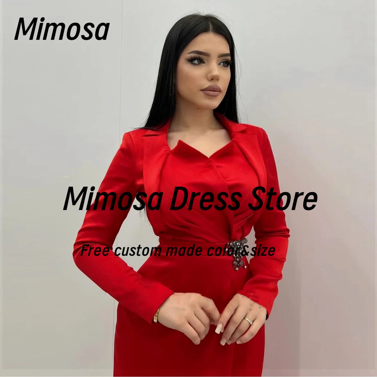 Mimosa Red Evening Dresses Lapel Neckline Long Sleeves Prom Dress Beaded Sash Special Occasion Saudi Women Wear Customized