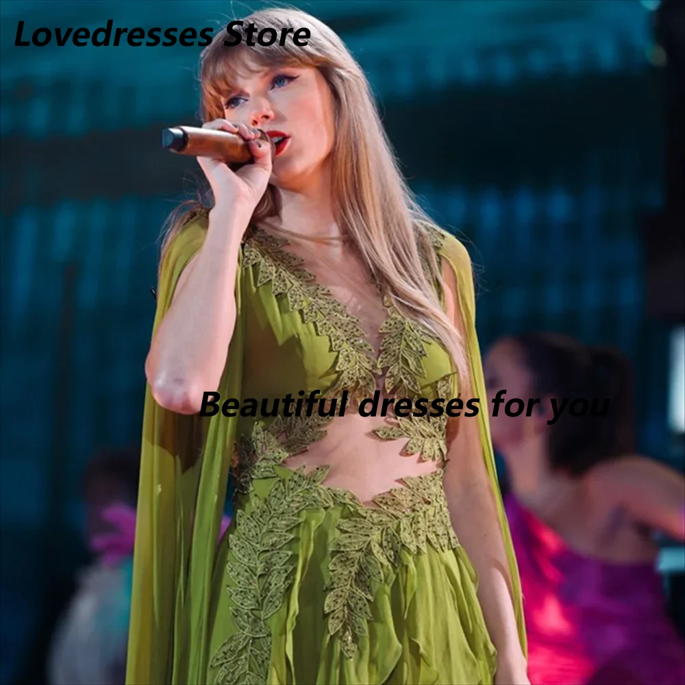 فستان سهرة مزين بالورقة الخضراء على شكل حرف v وأكمام طويلة فساتين سهرة مخصصة على شكل حرف A متدرجة بأربطة من الخلف للحفلات الراقصة