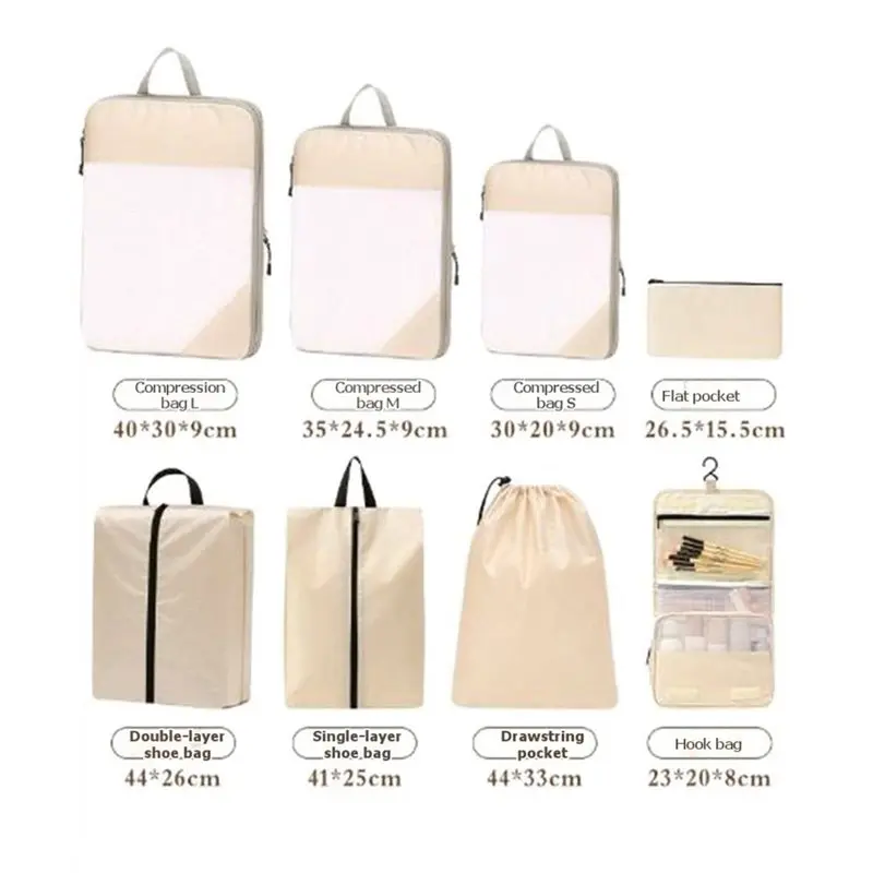 Mesh Packing Cubes 8 Set Expandable For Travel Essential Compression Storage Organizer With Bags Beige
