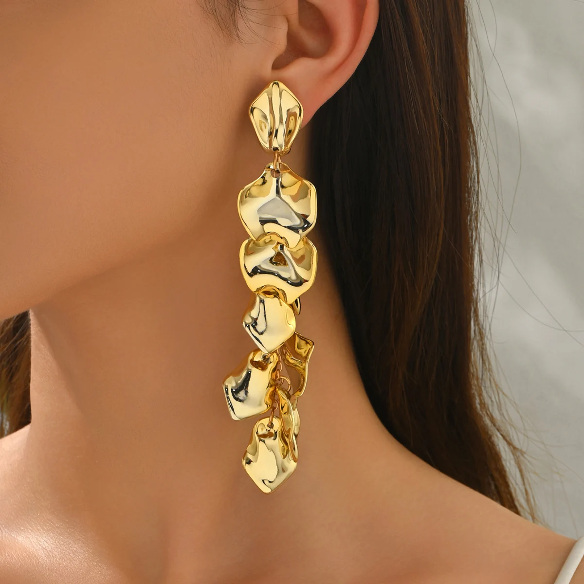 Rose Petals Spliced Flowers Long Tassel Smooth Surface Dangle Earrings for Women Exaggerated Temperament Face Slimming Earring