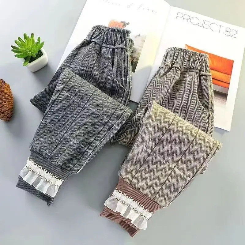 

Детские осенние утепленные хлопковые брюки для девочек в Корейском стиле, зимние свободные повседневные брюки с принтом для маленьких девочек E909