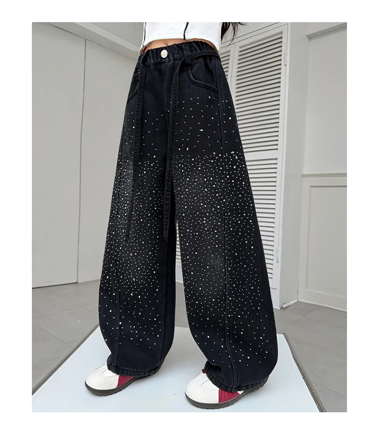 Kinder Mädchen Herbst Schwarze Jeans mit Kristallen, Teenager Kinder Strass Lose Weite Denim-Hosen, Modische Gebogene Messerhosen – Detail 5