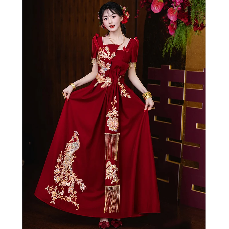 

Red Wedding Dr New Chinese Sle Bride High End Luxury Engagement Ceremony Dr Long Skirt ort Sve Floral Pattern