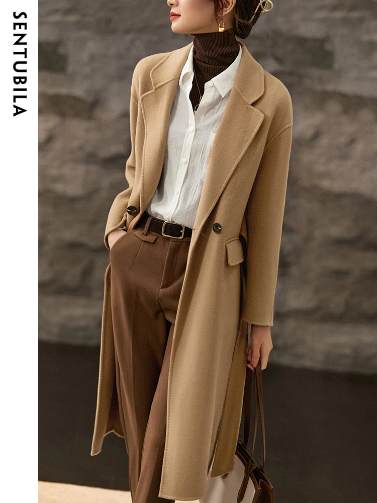 

SENTUBILA Longline Wool Coat for Women 2024 Winter Elegant Notched Collar Belted Maxi Wool Blend Overcoat Outerwear W24O42057