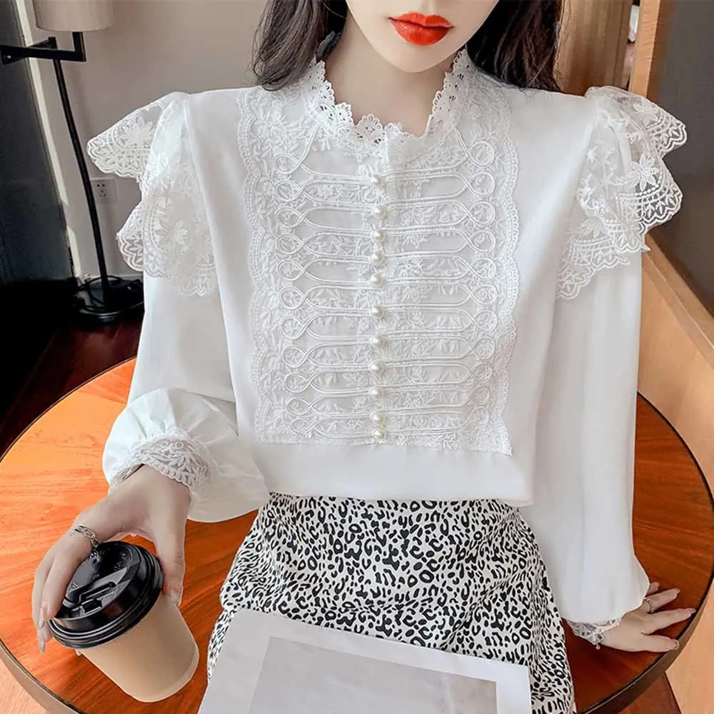 Vintage Palace Style Lace Stitching Blouse Women Autumn Beading Long Sleeve Loose Chiffon Shirt Stand Collar Ruffles Top