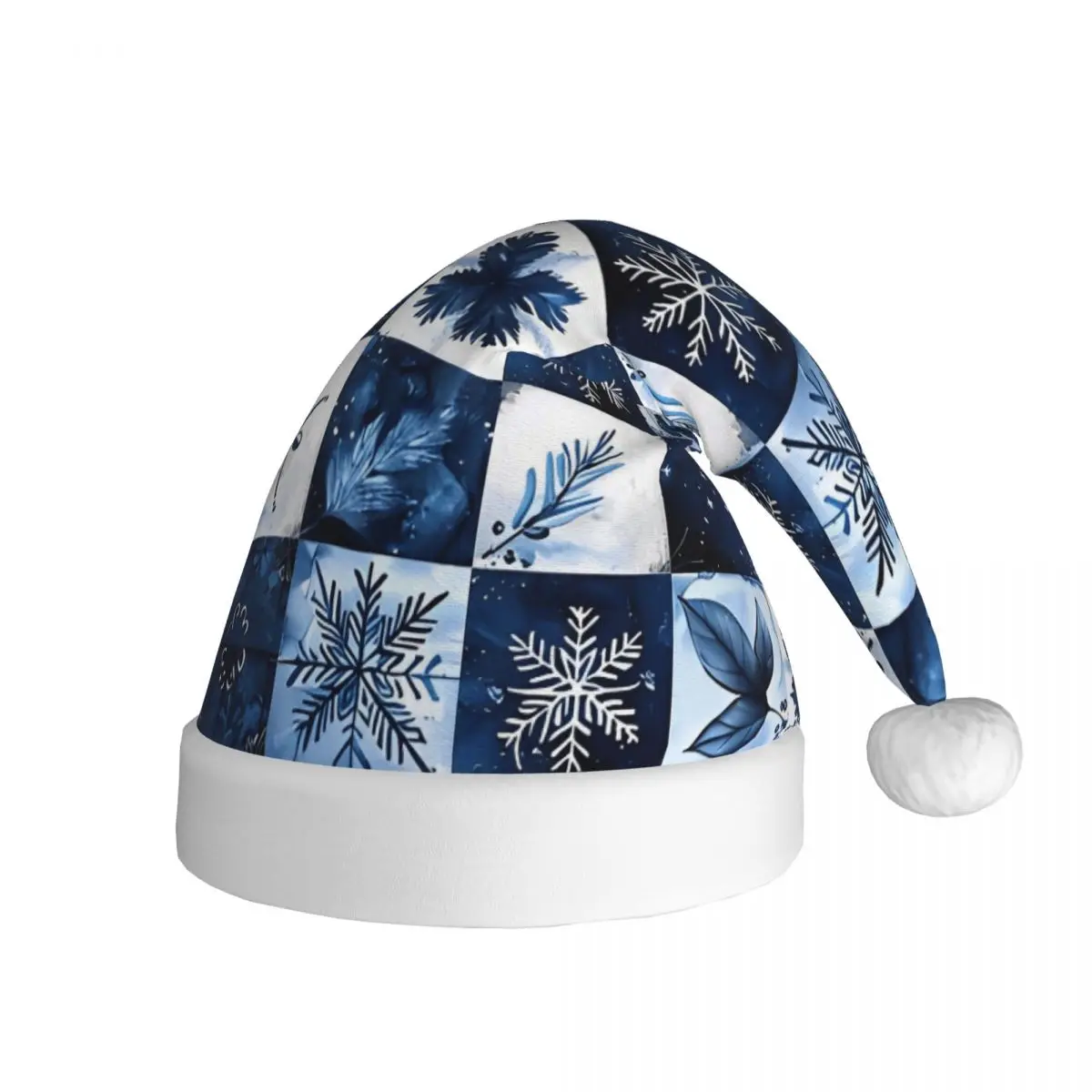 Blue Winter Snowflakes With Leaves Flowers Patchwork Christmas Hats for Adult Men Women Christmas Santa Hat Cap Xmas Party Gifts