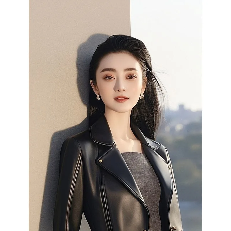 ユニークで超格好良い、クールでスタイリッシュなショート丈トップス、高級感のあるエレガントな黒革ジャケット、あらゆる服装に合うPUレザー