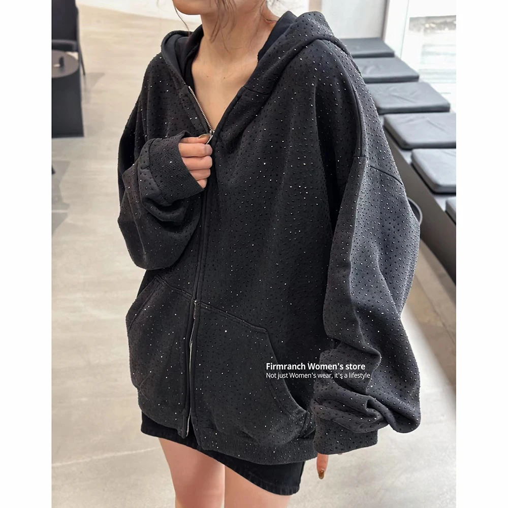 Firmranch Rhinestone Diamond Oversized Hoodies For Women Men Heavy High Quality Cotton Black White Shining Hooded Sweatshirt