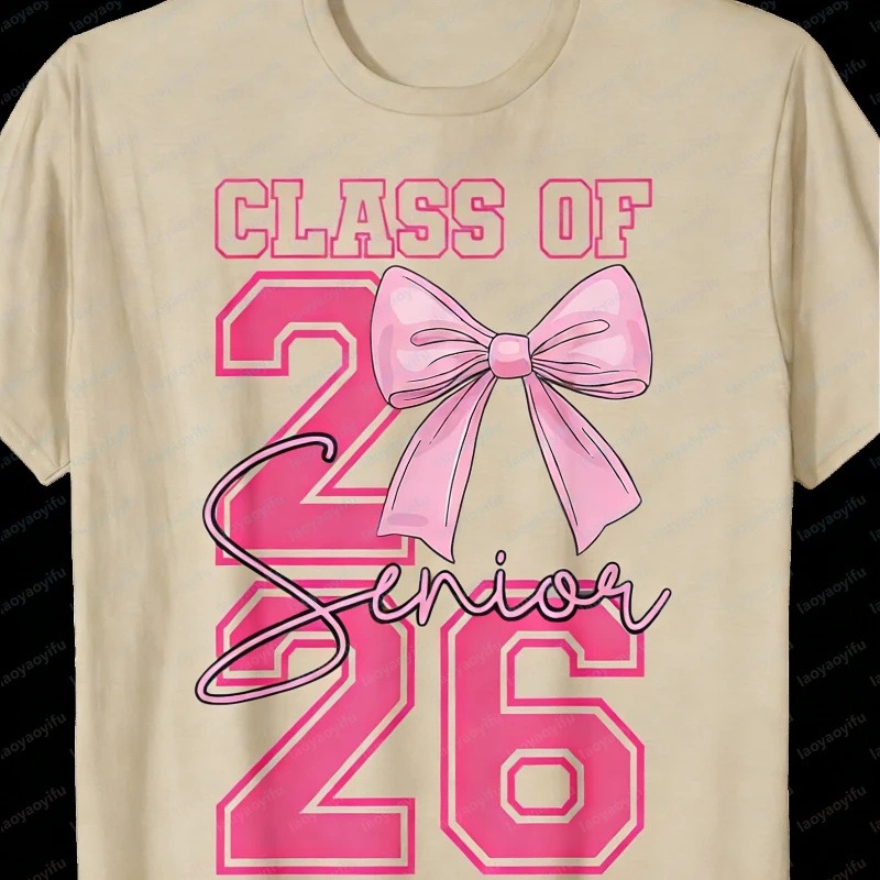 Class of 2026 Graduation Casual Cotton Tops Pink Floral Bow Graphic Coquette Senior T-Shirt Celebration Gift Classics Women Tee