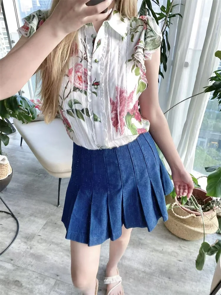 

Sweet Sle Silk Blouse with Ruffle Collar And Fly Sve Pink Flower Embroidery Small Top for Women Faionable Lace Splicing