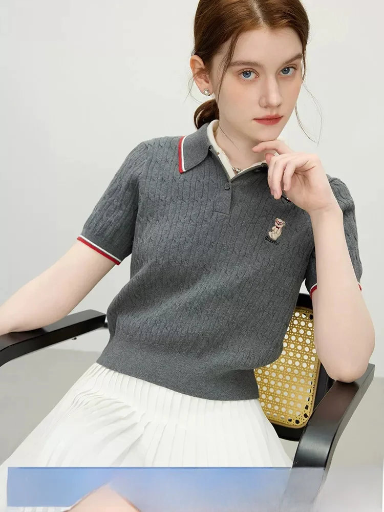 

V-Neck Knitted Sweater Embroidered Bear Color Block College Style Slim Fit Summer New Arrival Women's Fashion Cotton Shirt