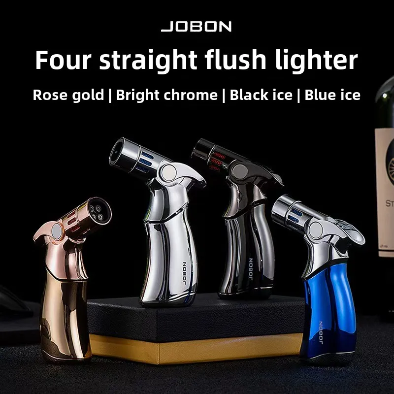 JOBON 4 Flame Jet Butane Gas Spray Gun Lighter Outdoor Windproof Metal Kitchen Baking BBQ Cigar Tool